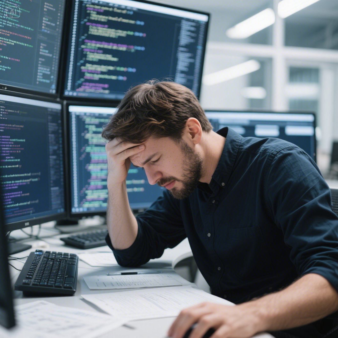Programador frustrado trabajando con código complejo que muestra casos donde la programación estructurada pura puede ser limitante