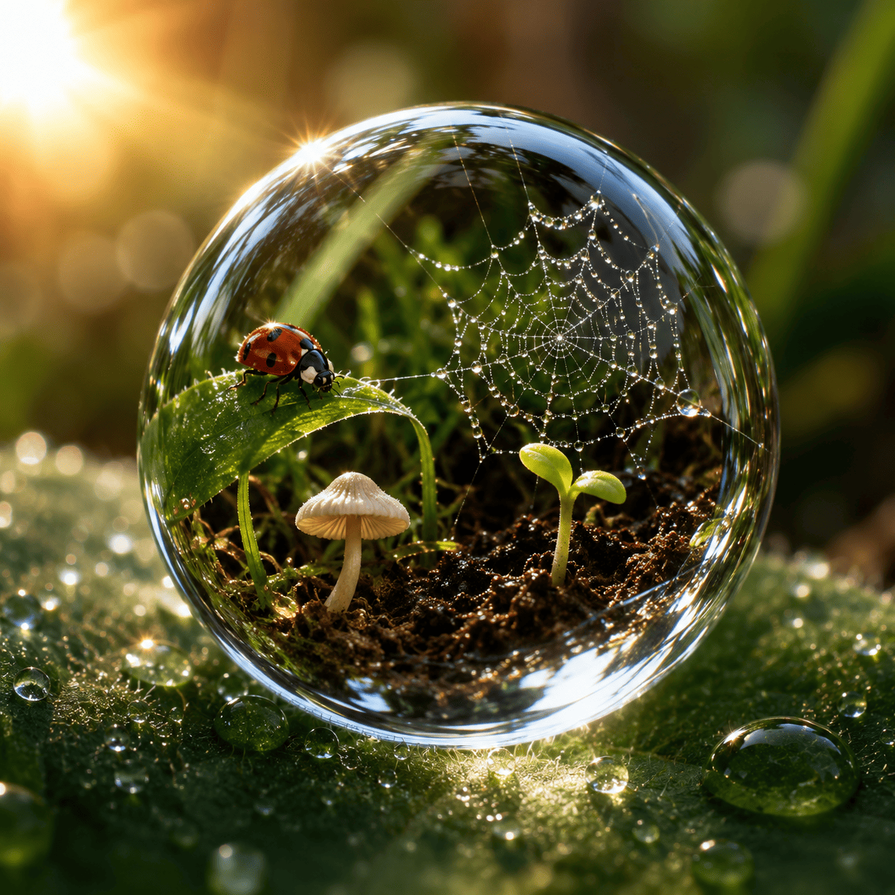 A vibrant, detailed 3D render of a dewdrop reflecting a miniature, bustling ecosystem: a ladybug on a leaf, a minuscule mushroom, a spiderweb catching sunlight, and a tiny sprout pushing through soil, all within the perfect sphere of the droplet.