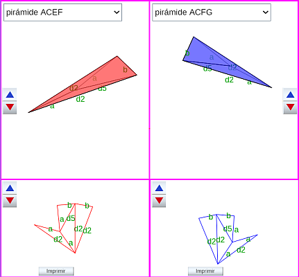 Partición de un prisma triangular oblicuo procedente de un romboedro en pirámides triangulares. Desarrollos caso 1.