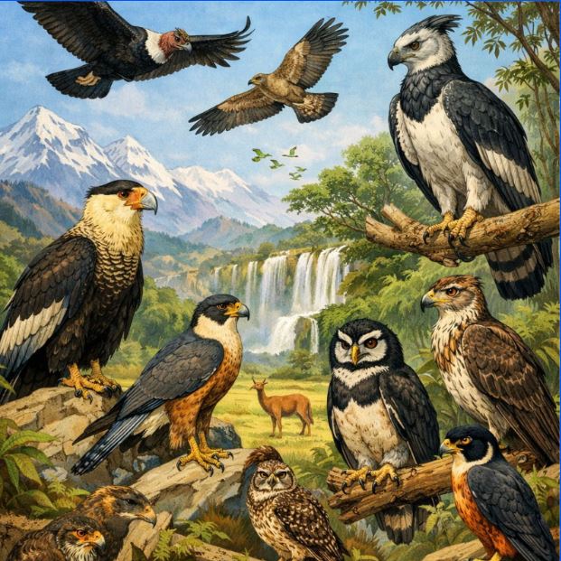 Rapaces en Sudamérica (Ilustración con GPT Image 1.5).