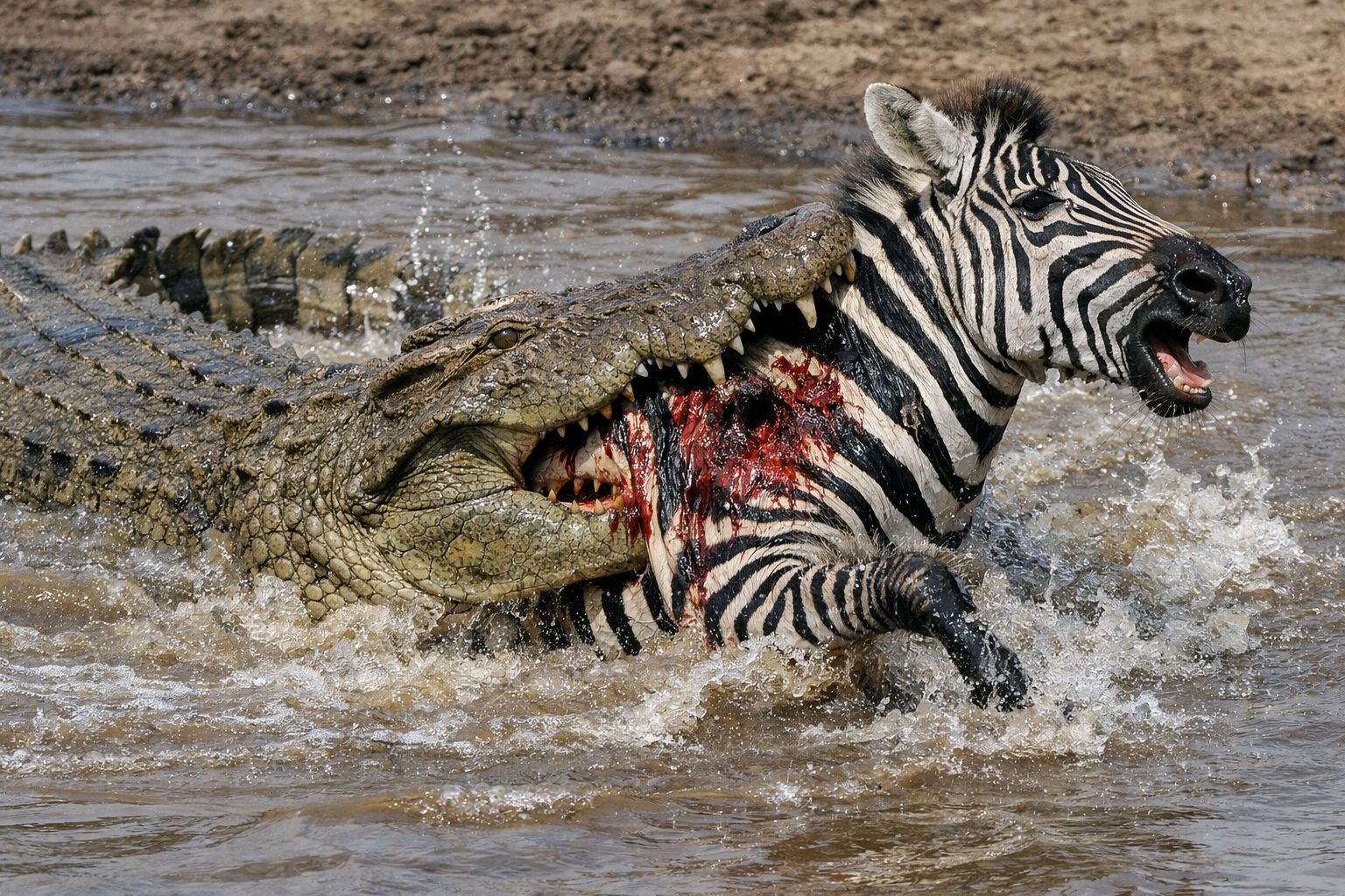 Crocodile hunting a zebra, realistic
