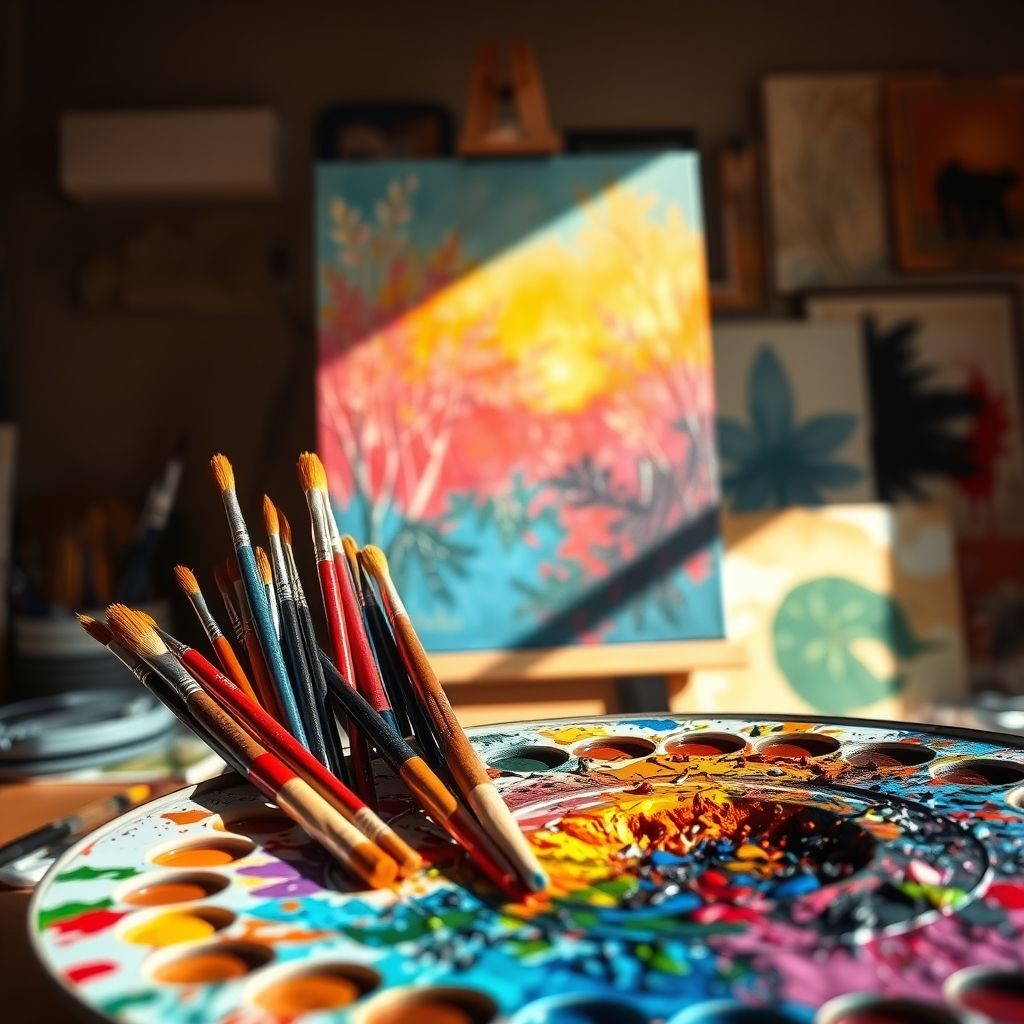 Pintura al óleo sobre lienzo con pinceles y paleta en primer plano.