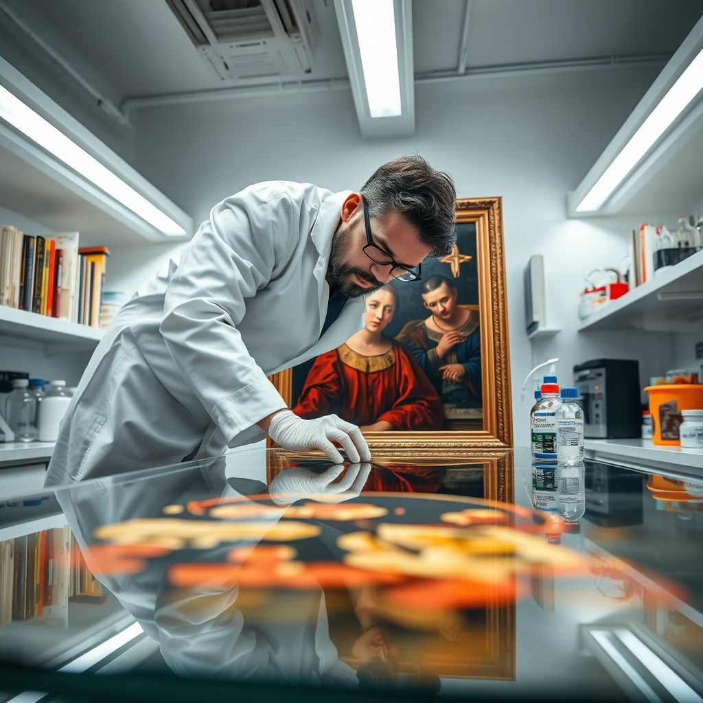 Un investigador analizando una pintura de Jan van Eyck en un laboratorio, buscando pistas sobre su técnica y materiales.