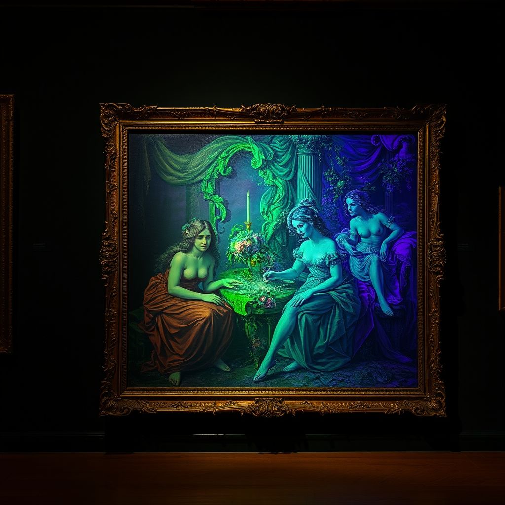 Una pintura antigua al óleo que contiene compuestos de uranio, mostrando su brillo y radiactividad bajo luz ultravioleta.