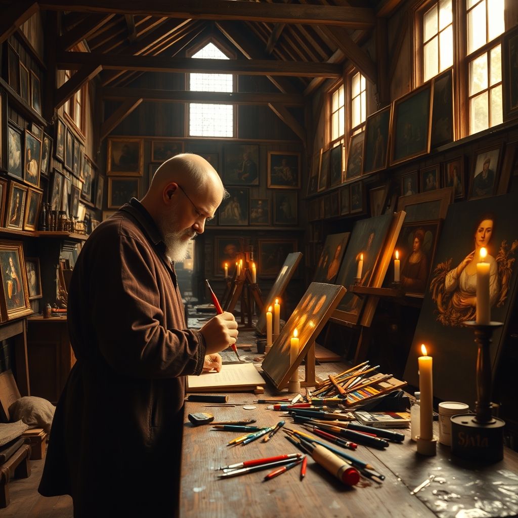 Retrato de Jan van Eyck pintando con óleo, mostrando su taller y algunas de sus obras famosas.