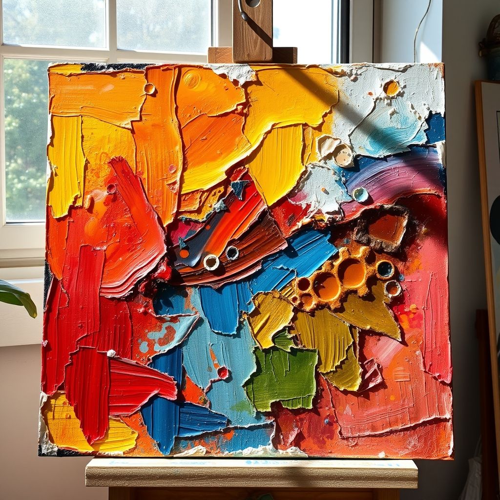 Pintura al óleo secándose lentamente, mostrando diferentes capas de pintura y la textura del óleo fresco y seco.