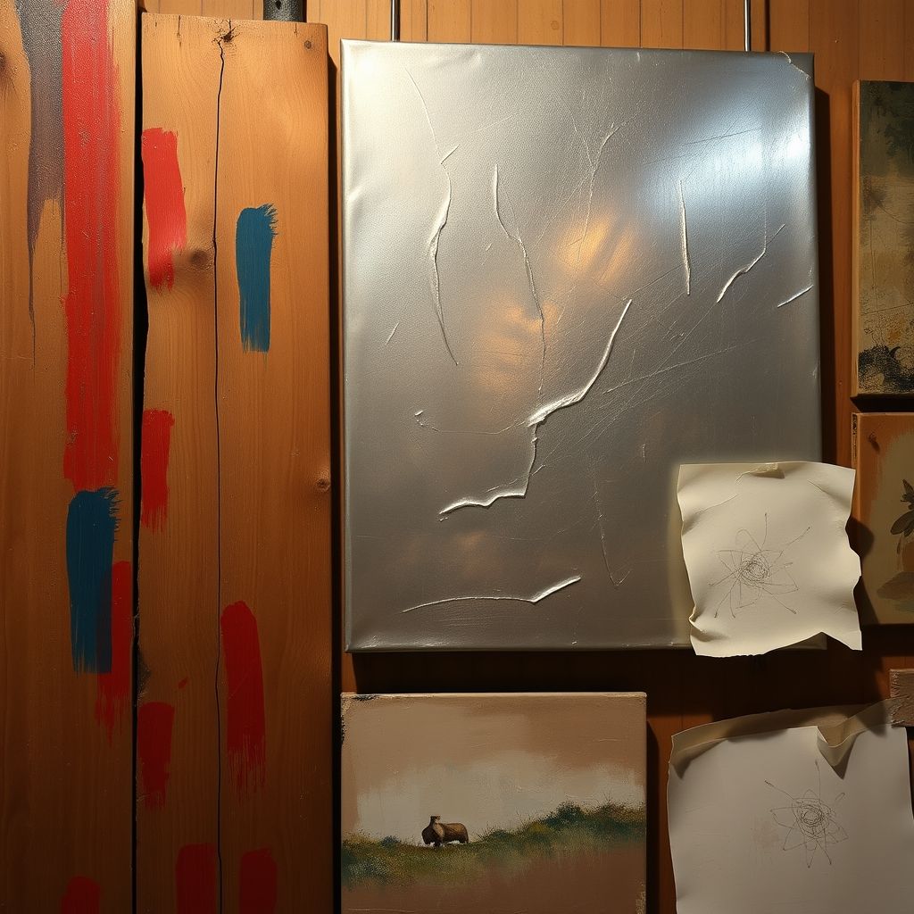 Pinturas al óleo sobre madera, metal y papel, mostrando las diferentes texturas y efectos visuales.