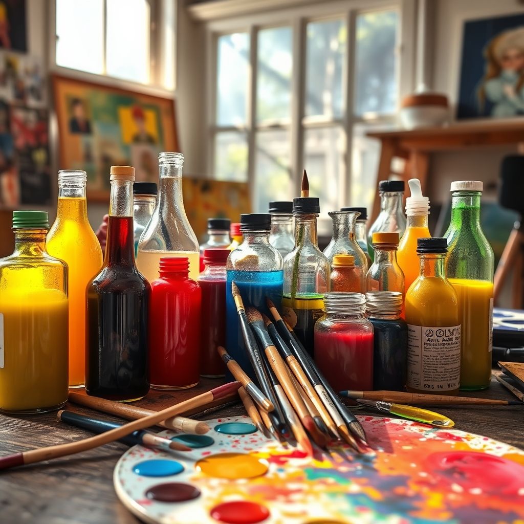 Botellas de diferentes secantes para pintura al óleo, junto con pinceles y una paleta.