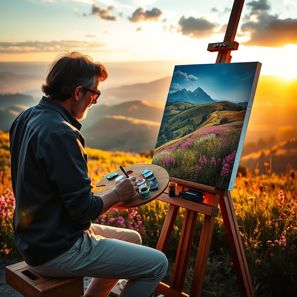 Un artista pintando al óleo al aire libre, con un caballete, una paleta y un paisaje en el fondo.