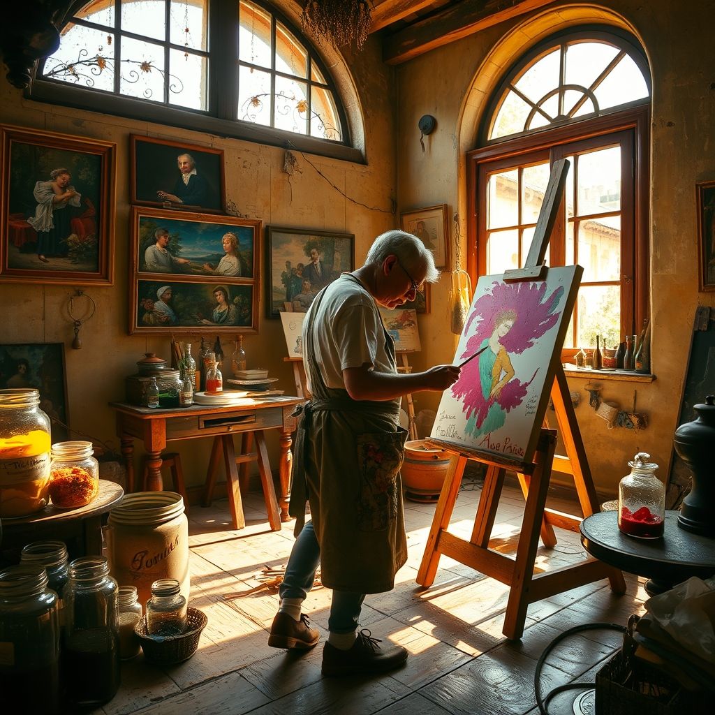 Reconstrucción de un taller de pintura antiguo, mostrando a un artista utilizando pigmentos mezclados con aceite.