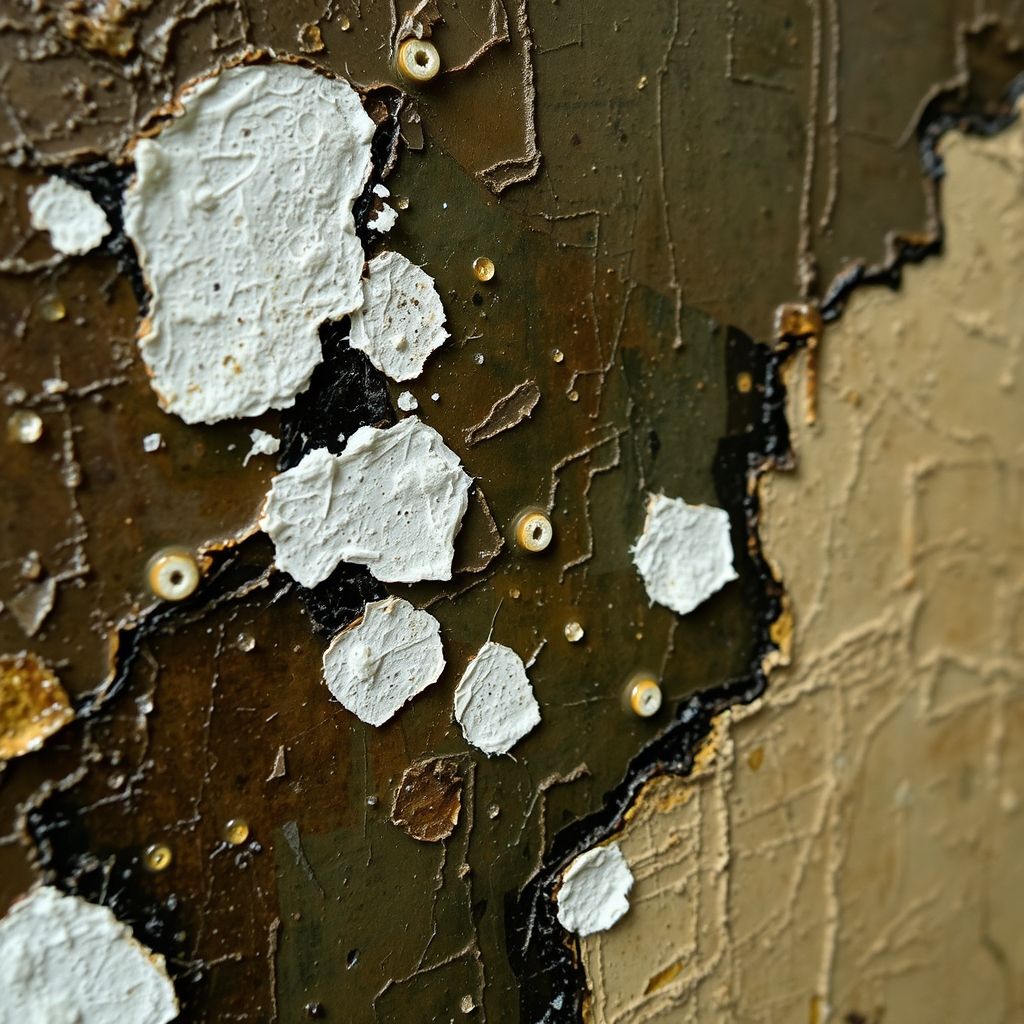 Una imagen macroscópica de una pintura al óleo afectada por la saponificación, mostrando las manchas blancas y la pérdida de adherencia.