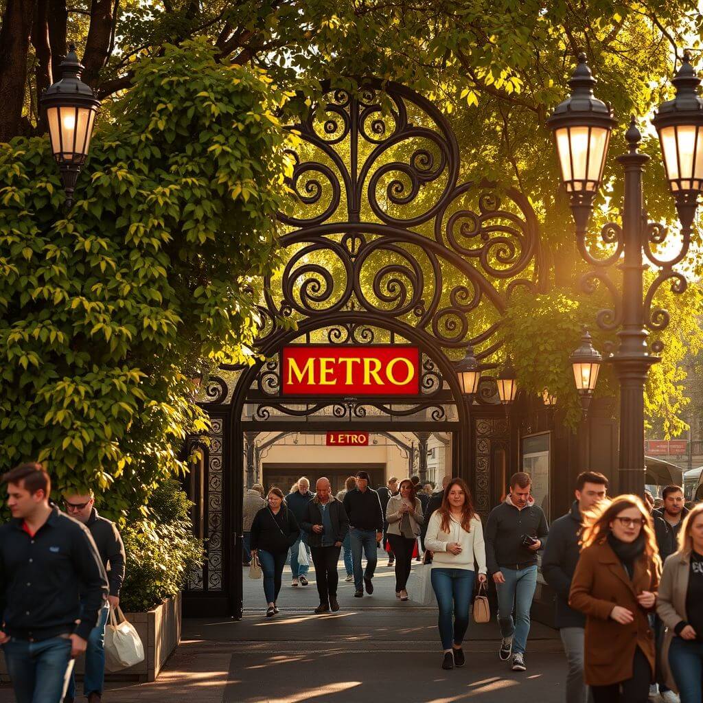 Una fotografía de una entrada del Metropolitano de París diseñada por Hector Guimard, mostrando sus distintivas formas orgánicas de Art Nouveau y el trabajo en hierro forjado, con gente entrando y saliendo de la estación.