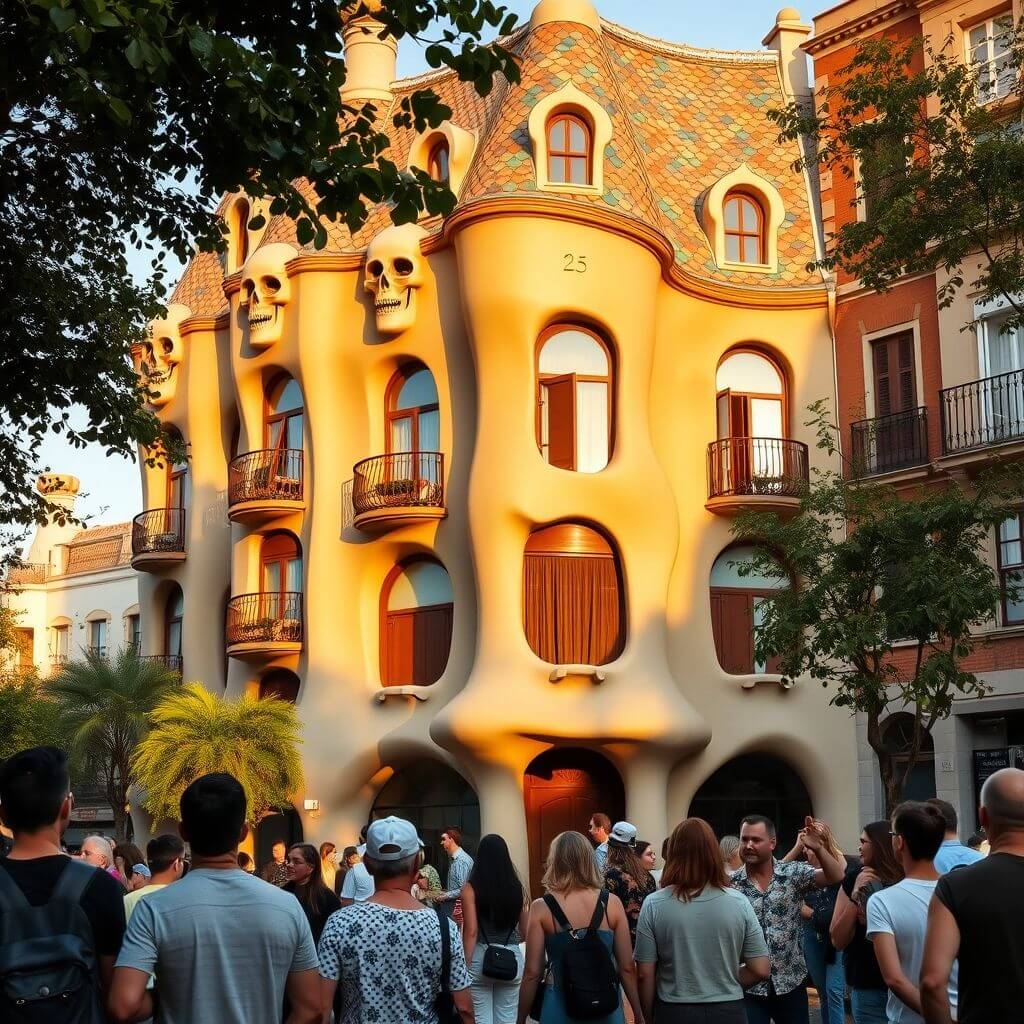 Una fotografía de la fachada de la Casa Batlló en Barcelona, mostrando sus formas onduladas, balcones con forma de calavera y techo de azulejos de colores, con gente admirando el edificio desde la calle.