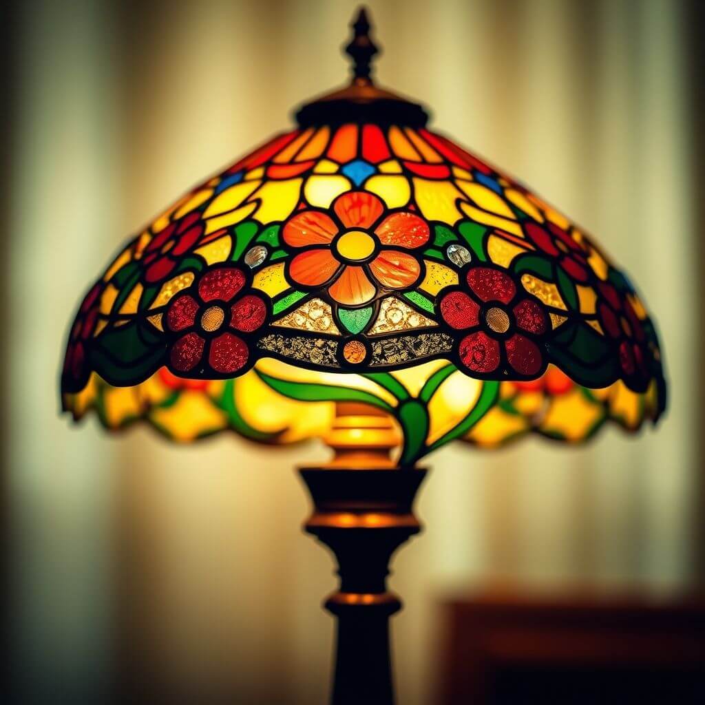 Una fotografía de primer plano de una lámpara Tiffany, resaltando su intrincado trabajo en vidrio emplomado, colores vibrantes y un motivo floral, con la lámpara encendida, emitiendo un cálido resplandor.