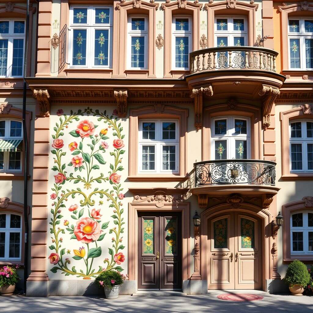 Una fotografía de la fachada de la Villa Majolica en Viena, mostrando los paneles de mayólica floral detallados y el diseño arquitectónico general. La fotografía debería resaltar la combinación de elementos naturales y formas geométricas.