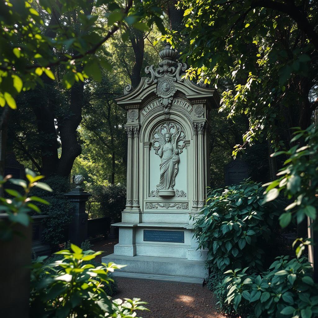 Una fotografía de un monumento de Art Nouveau en el Cementerio Central de Viena, mostrando diseños intrincados, simbolismo y la atmósfera general del cementerio. La imagen debería capturar el sentido de serenidad y grandeza.