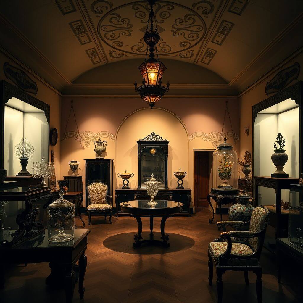 Una fotografía del interior del Museo de Artes Aplicadas de Praga, mostrando una selección de objetos de Art Nouveau, como muebles, vidrio y cerámica. La fotografía debería resaltar los intrincados diseños y la artesanía de los objetos.