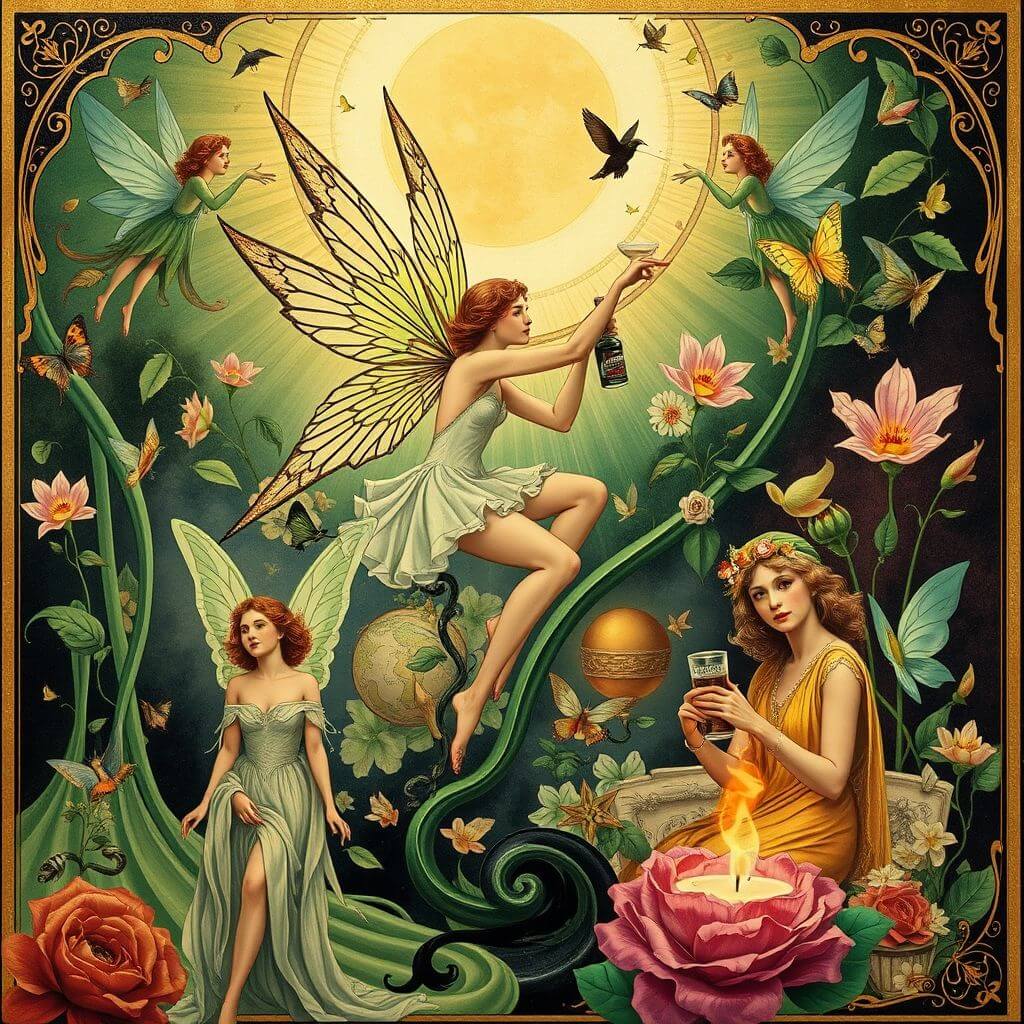 Un collage que muestra varios anuncios de absenta de Art Nouveau de finales del siglo XIX y principios del XX. El collage debe incluir anuncios de figuras como Henri Privat-Livemont y Leonetto Cappiello, destacando la estética de Art Nouveau con hadas y otros seres etéreos.