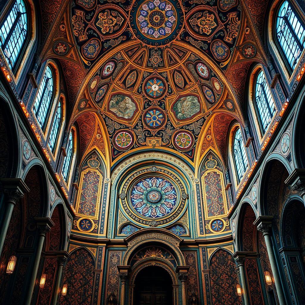 Una fotografía del interior de la Sinagoga Jubileo de Praga, mostrando los intrincados diseños geométricos y florales y la mezcla de estilos arquitectónicos moriscos, Art Nouveau y Art Deco. La fotografía debe resaltar la belleza y la singularidad del espacio.