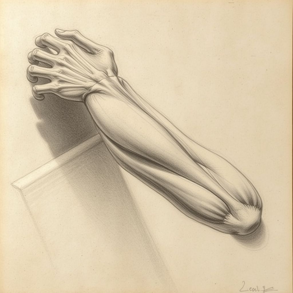 Un detallado dibujo a lápiz de un brazo humano por Leonardo da Vinci, mostrando la estructura muscular y esquelética.