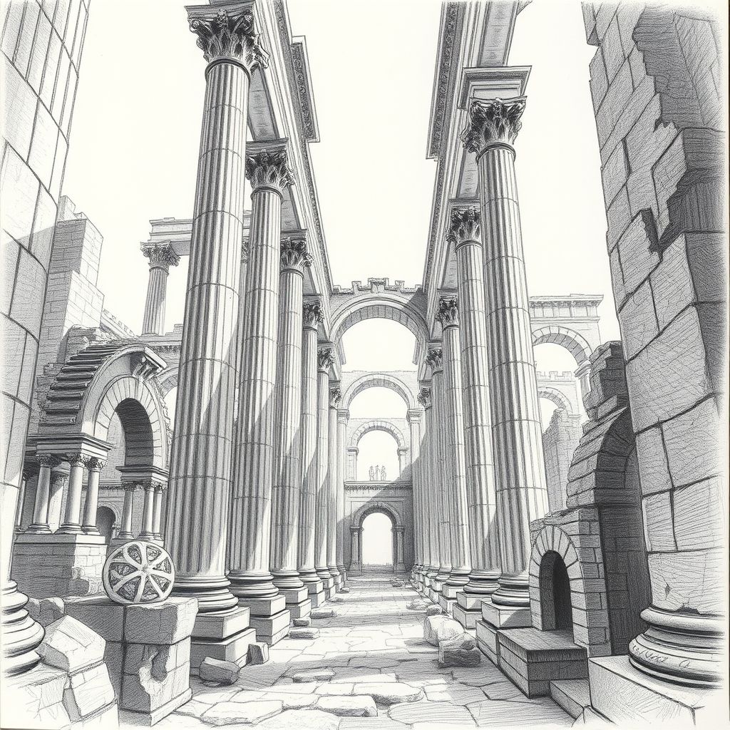 Un boceto arquitectónico a lápiz de Giovanni Battista Piranesi representando una vista dramática de las ruinas romanas.