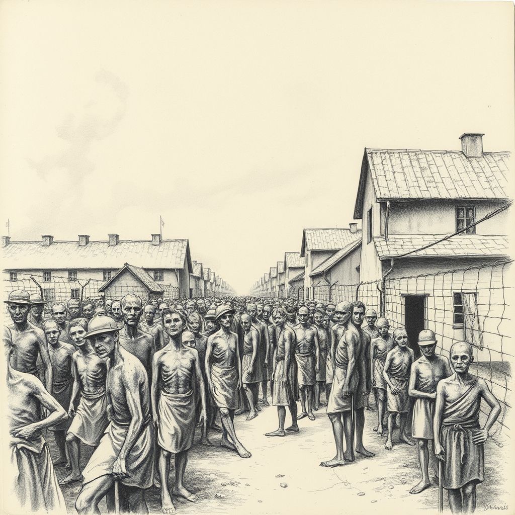 Un dibujo a lápiz de Alfred Waisman que representa las duras condiciones de vida en un campo de concentración, mostrando prisioneros demacrados y edificios hacinados.