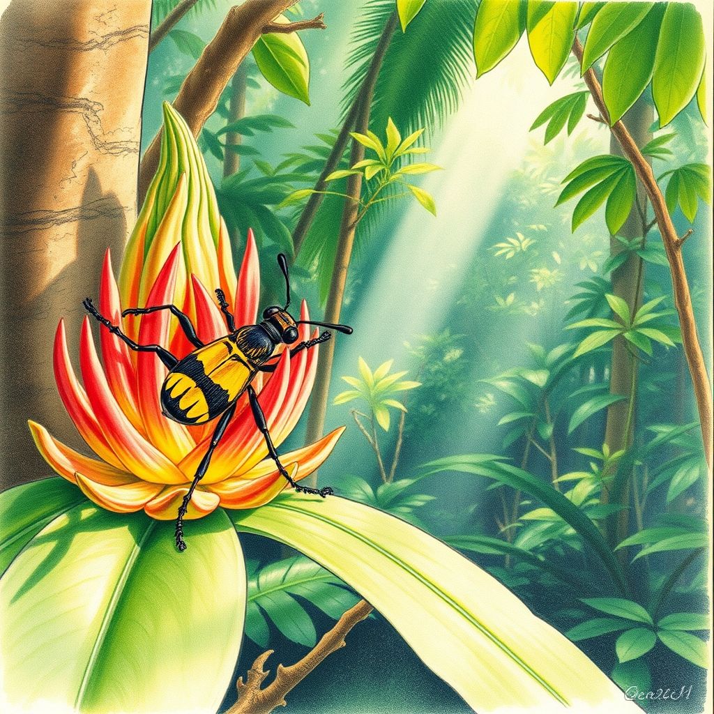 Una detallada ilustración botánica a lápiz y acuarela de Maria Sibylla Merian que representa un insecto y su planta huésped en Surinam.