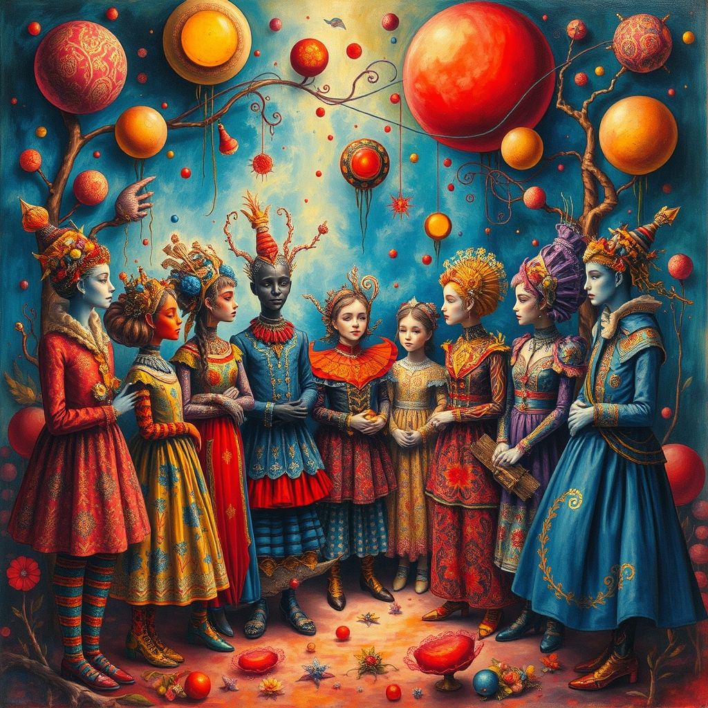 Un dibujo psiquiátrico de Aloïse Corbaz que representa personajes coloridos y ornamentados en una escena imaginaria.