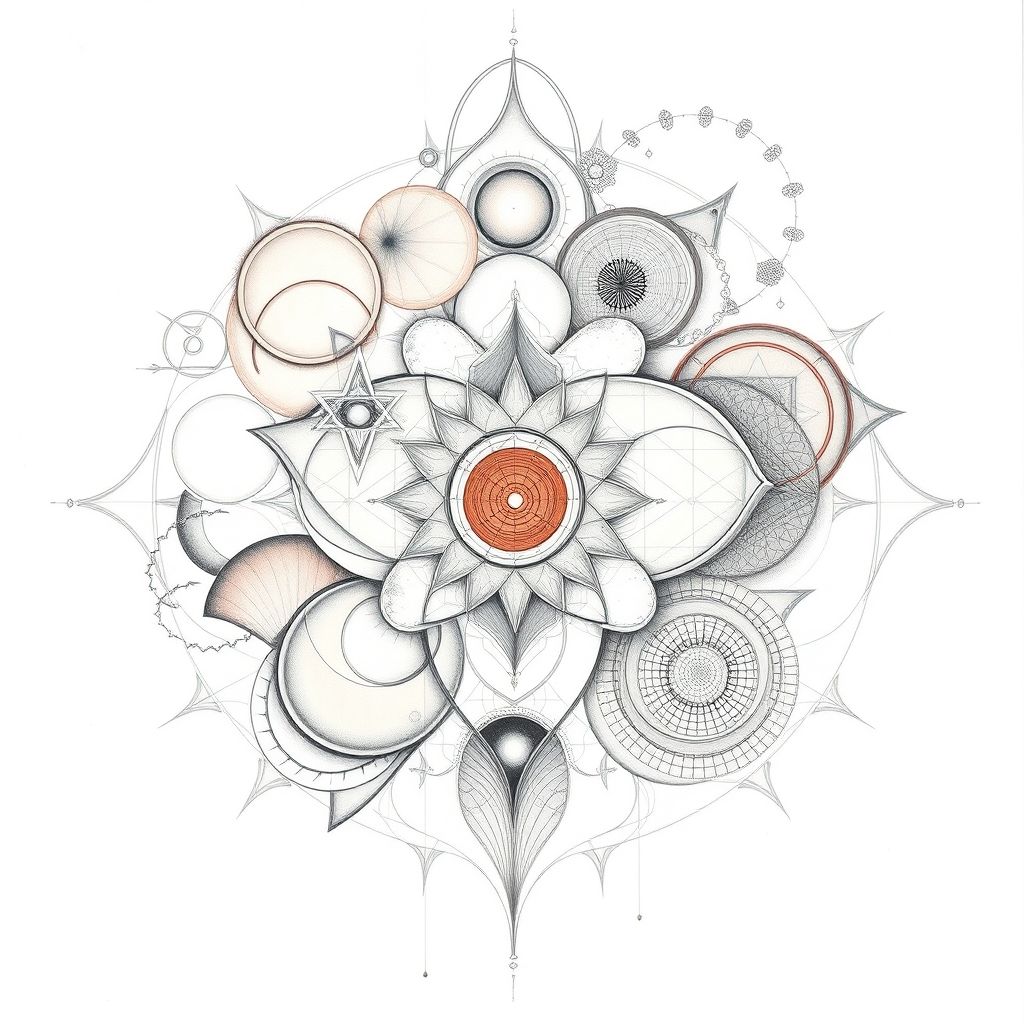 Un dibujo automático a lápiz de Hilma af Klint con formas abstractas, colores simbólicos y patrones intrincados.