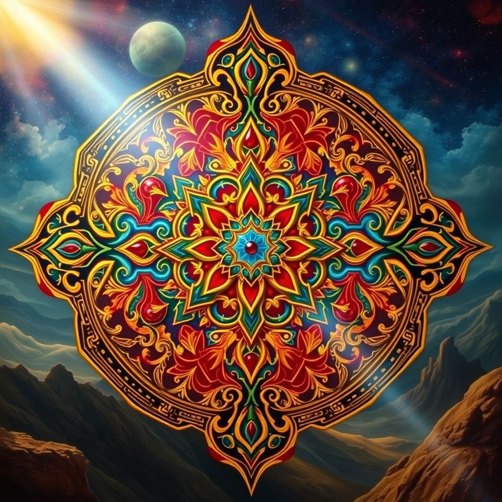 Un dibujo mediumístico de Augustin Lesage con patrones simétricos complejos, motivos egipcios y arquitectónicos, creado bajo la influencia de espíritus.