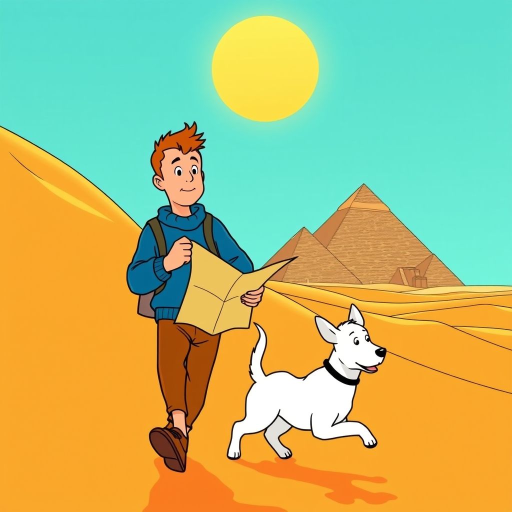 Tintín y Milú viajando por Egipto, arte de línea clara.