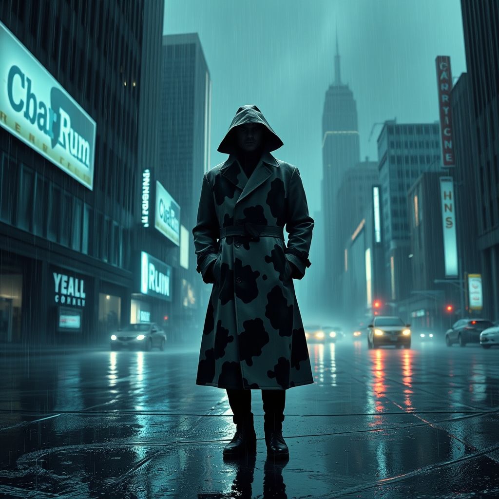 Rorschach de Watchmen parado bajo la lluvia en la ciudad de Nueva York, sombrío y de estilo realista.