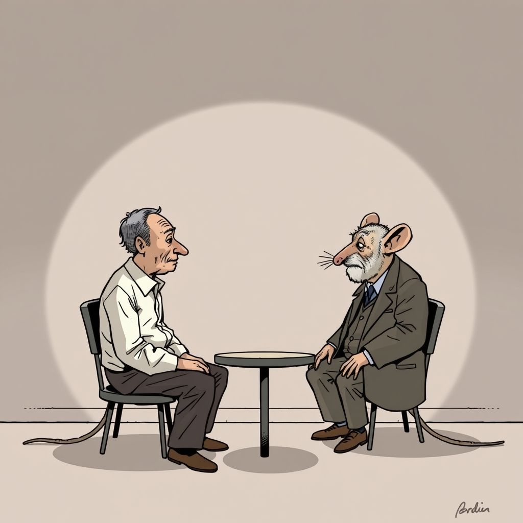 Art Spiegelman entrevistando a su padre, Vladek, ambos representados como ratones en un estilo de cómic minimalista.