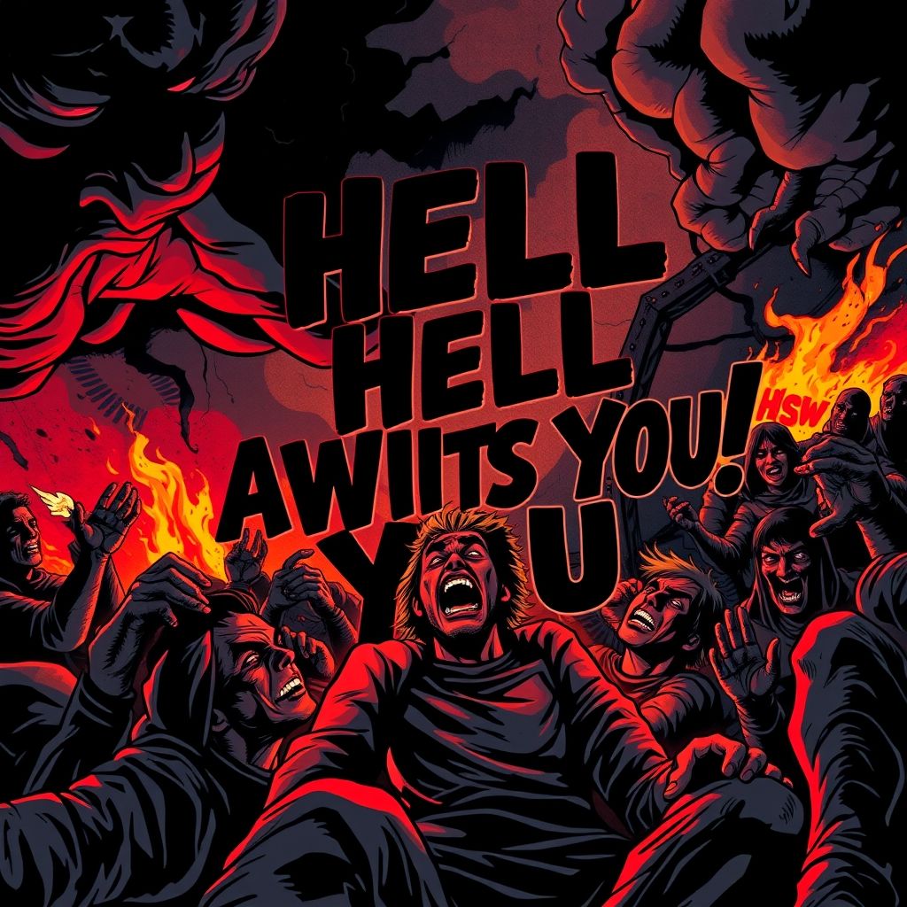 Un Chick Tract con imágenes audaces y texto en negrita proclamando '¡El infierno te espera!'