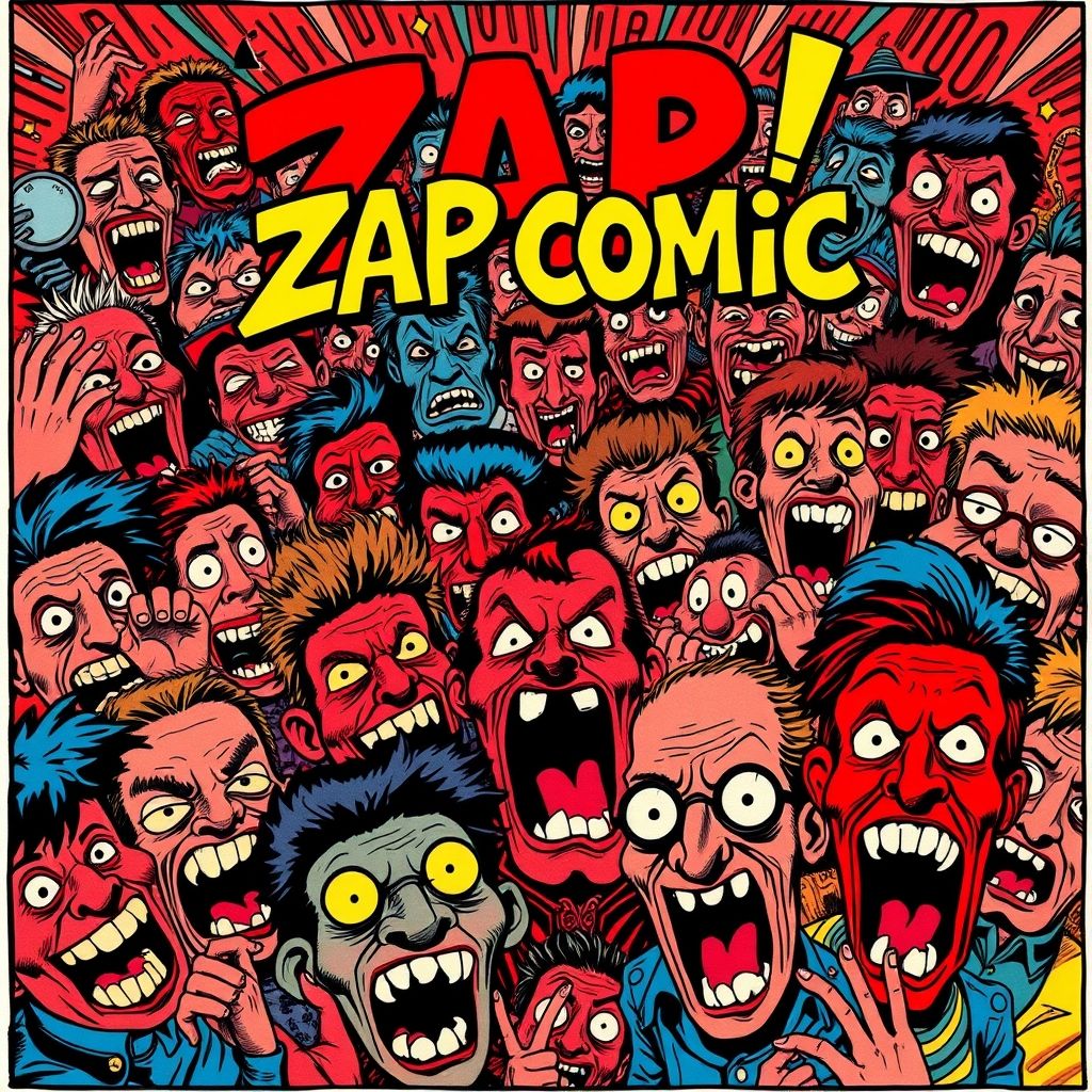 Robert Crumb dibujó una portada de Zap Comix con personajes de dibujos animados expresando emociones salvajes y comportamiento subversivo.