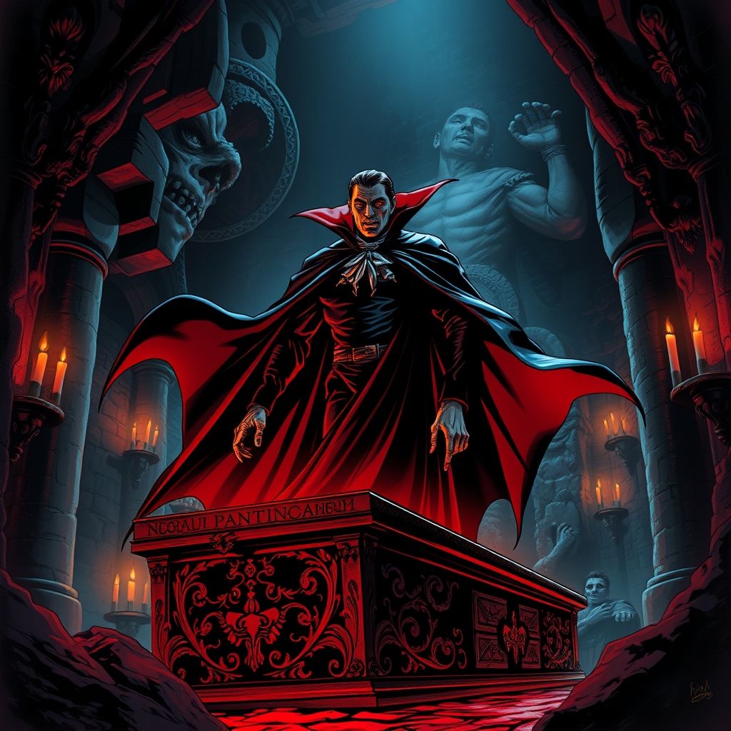 Drácula levantándose de su ataúd, en estilo gótico, por Gene Colan.