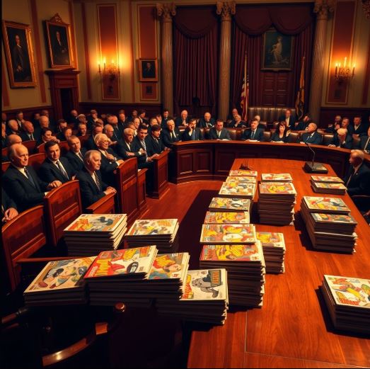 Una sala de audiencias del Senado durante el juicio de los cómics, con pilas de cómics presentados como prueba.
