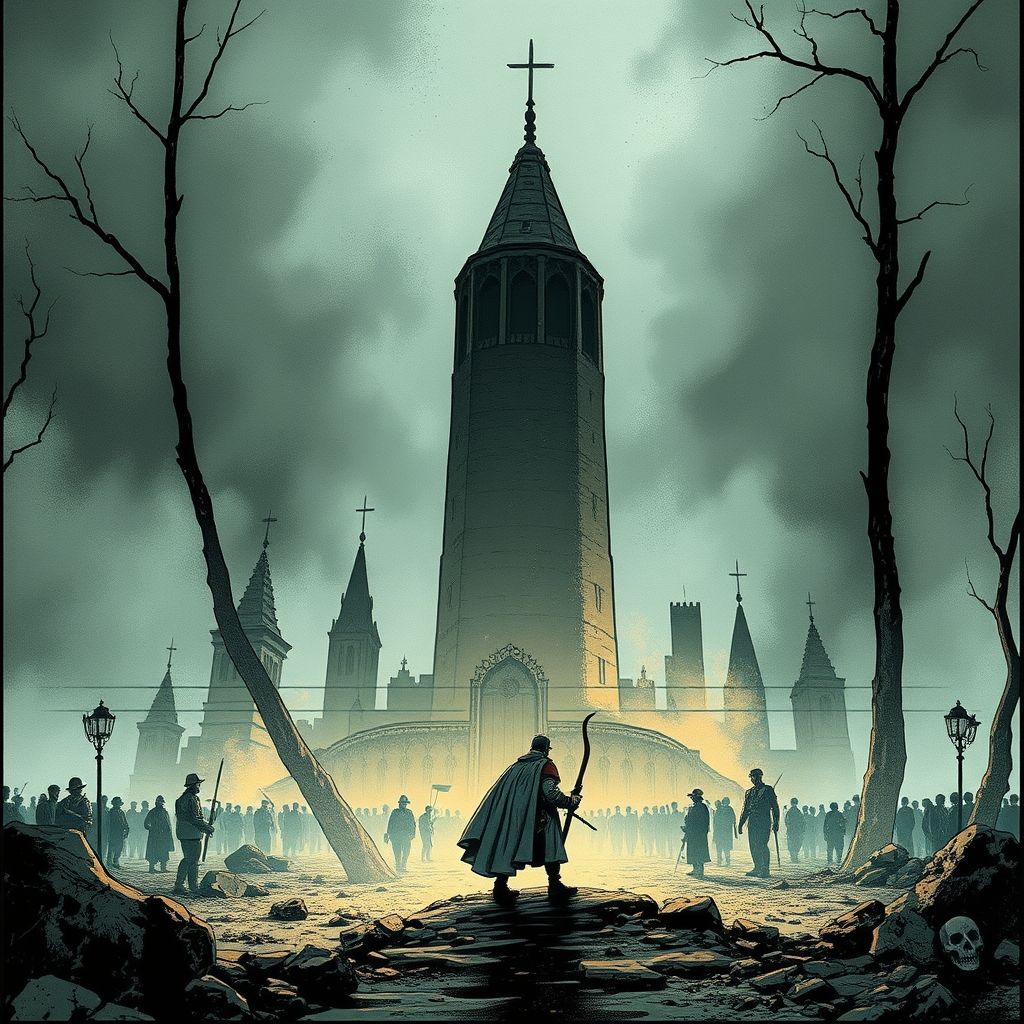 Una portada de cómic vintage de 'Este Dios Abandonado', mostrando una escena desoladora de la Alemania de la posguerra con un ambiente sombrío.