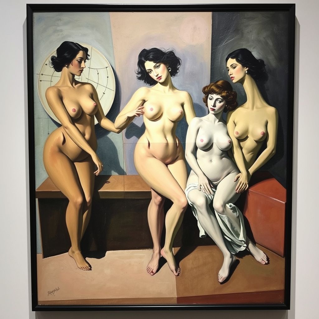 Una pintura de Pablo Picasso llamada Les Demoiselles d'Avignon mostrando figuras femeninas fragmentadas y angulares en un espacio abstracto y geométrico.