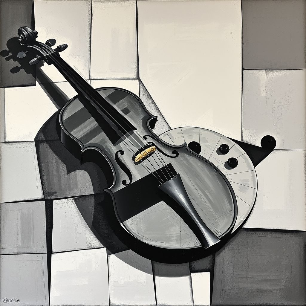 Una pintura cubista de Georges Braque titulada 'Violin and Palette' mostrando un violín y una paleta descompuestos en formas geométricas abstractas en tonos monocromáticos.