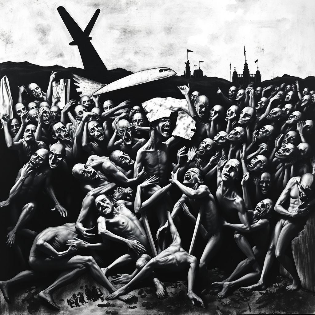 Una gran pintura en blanco y negro de Pablo Picasso titulada 'Guernica' que representa escenas de sufrimiento y caos causados por el bombardeo, con figuras distorsionadas y expresivas.