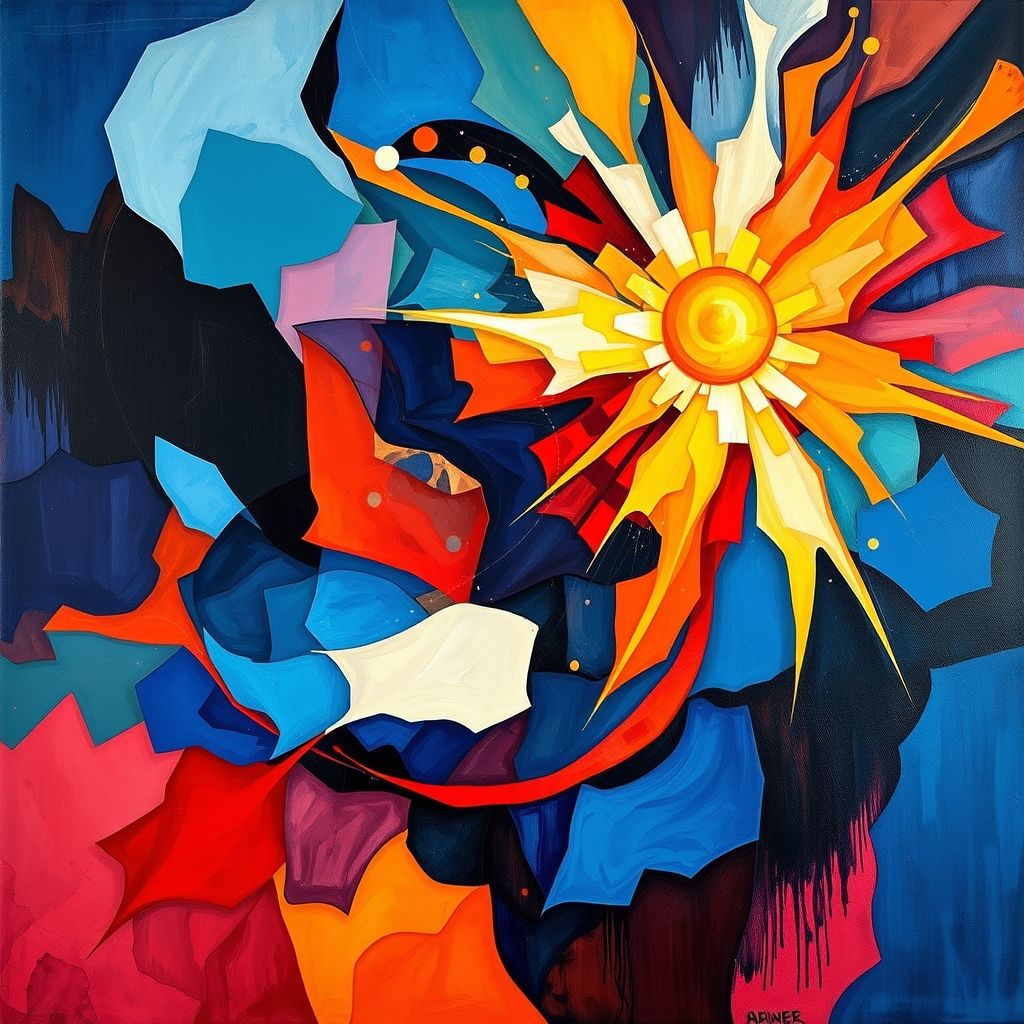 Una pintura abstracta de František Kupka que combina formas geométricas y colores vibrantes con simbolismo espiritual.