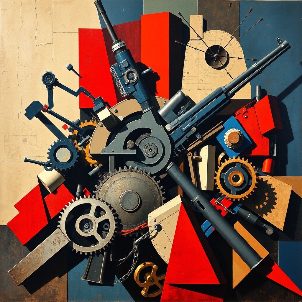 Una pintura cubista de Fernand Léger que incorpora elementos mecánicos y militares, reflejando la tecnología y la violencia de la Primera Guerra Mundial.