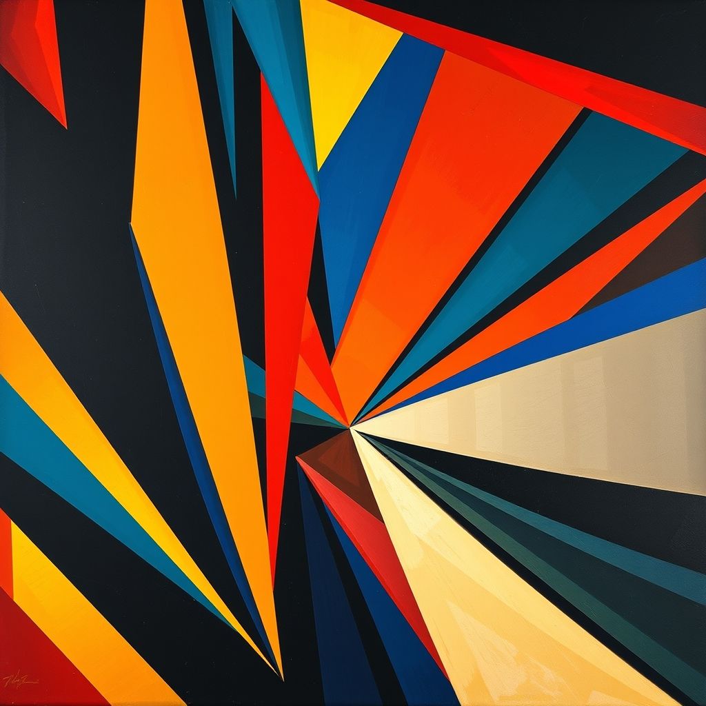 Una pintura vorticista de Wyndham Lewis que muestra formas geométricas angulares y una energía dinámica, en contraste con el cubismo.