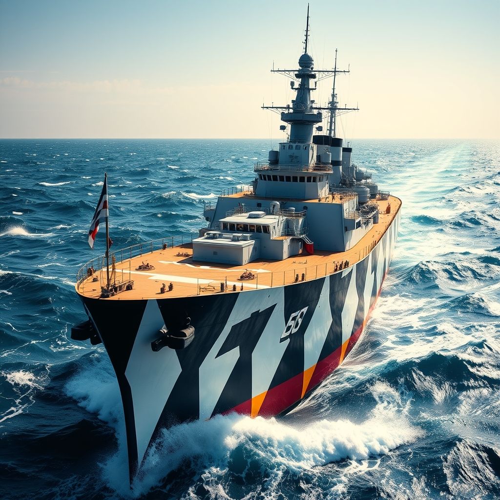 Un barco de guerra pintado con patrones de 'dazzle camouflage' que utilizan formas geométricas y colores contrastantes para romper las líneas visuales.