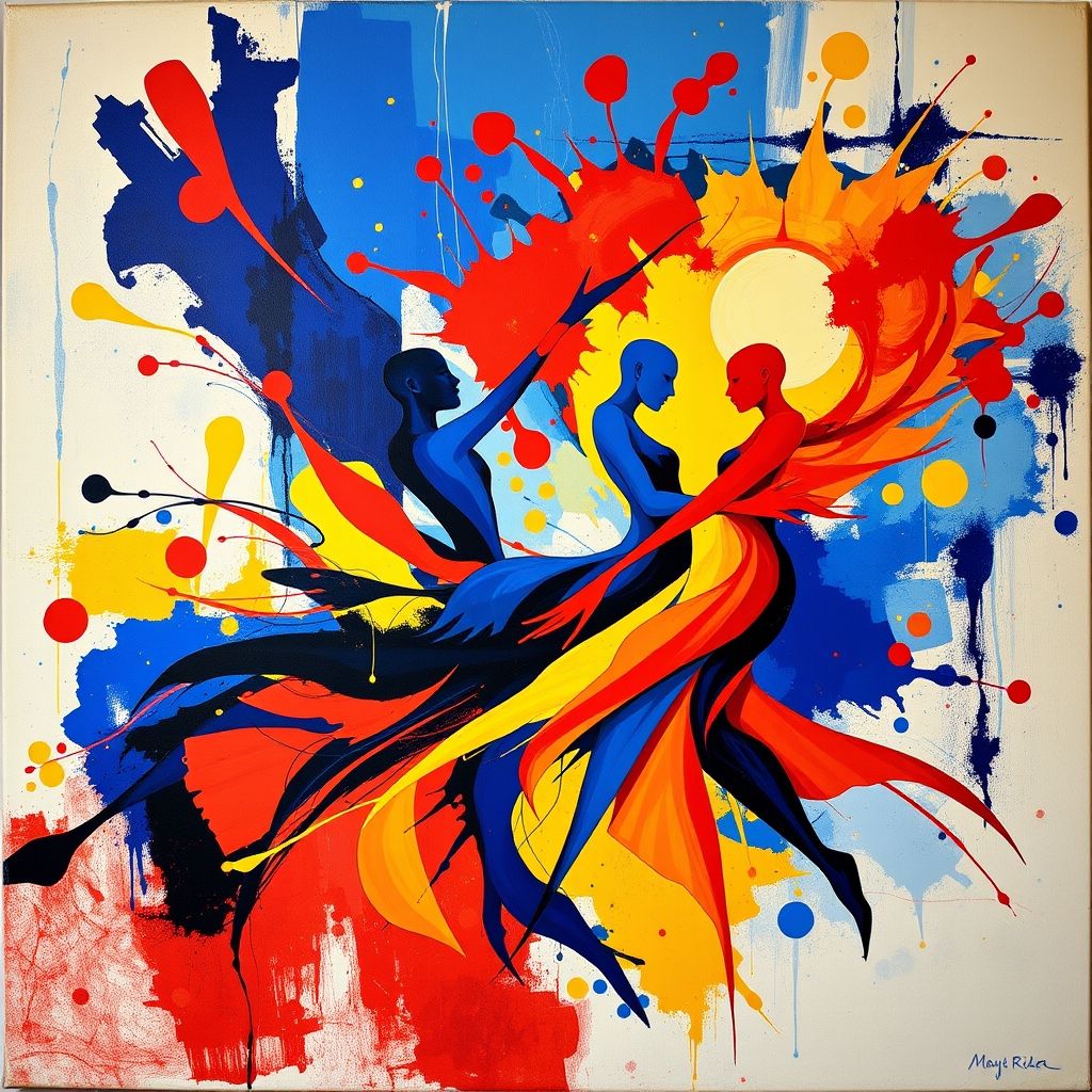 Una pintura abstracta al estilo de El Jinete Azul, que incluye colores brillantes y formas geométricas.