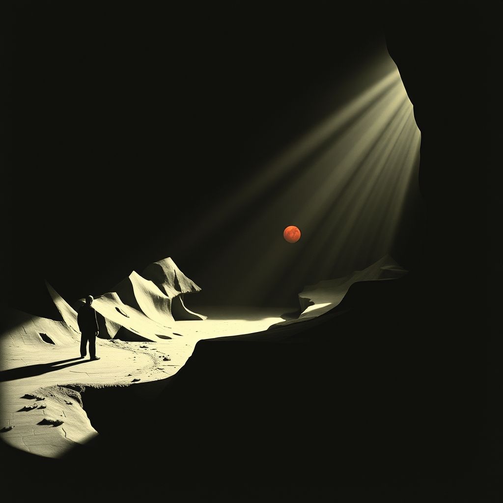 Una escena de la película El Gabinete del Dr. Caligari, mostrando los decorados distorsionados y la iluminación expresionista.