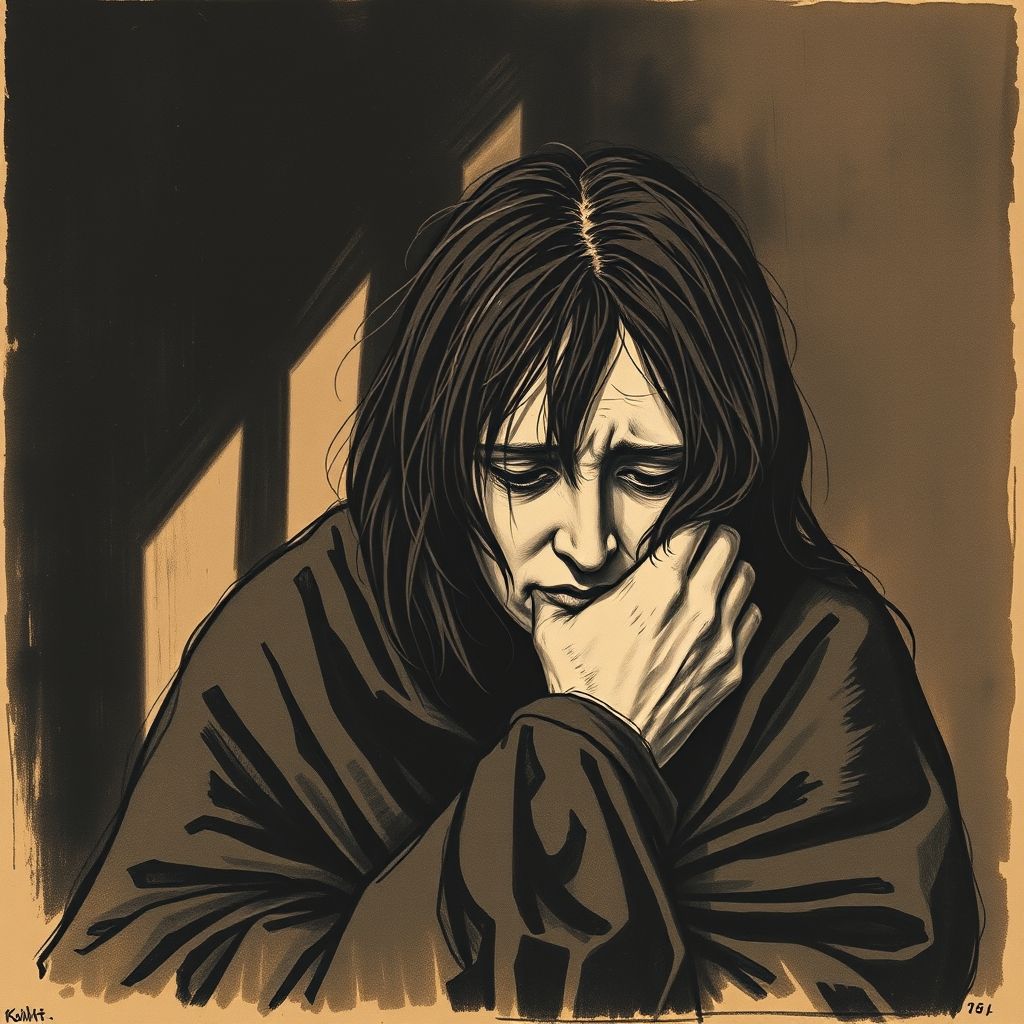 Un grabado de Käthe Kollwitz, que representa a una madre afligida por la pérdida de su hijo.