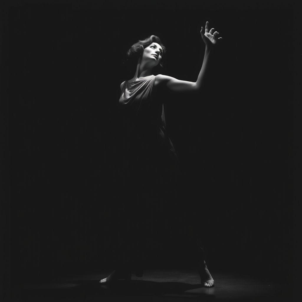 Una fotografía de Mary Wigman actuando en una danza expresionista, mostrando sus movimientos angulares y su intensa expresión.