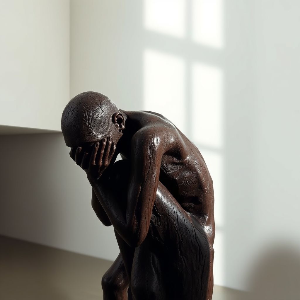 Una escultura de Ernst Barlach, representando una figura humana en un estado de dolor o contemplación.